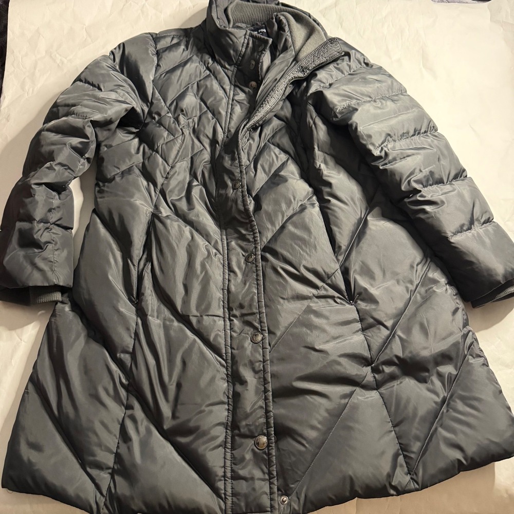 London Fog Quilted‎ Long Puffer Down Insulated Coat Full Zip Hooded Gray XL